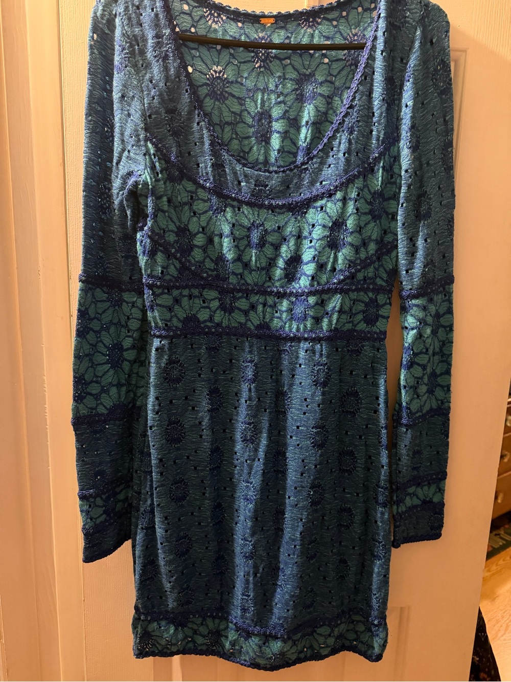 Free People Teal & Navy Long-Sleeve Floral Detailed Lace Mini Dress